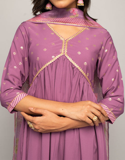 Trendy Designer Party Wear Readymade Salwar Suit Purple Crepe Pant Straight Back View